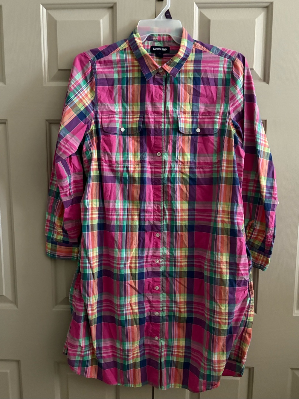 Lands' End Pink Multi Plaid Long Sleeve Shirt Dress